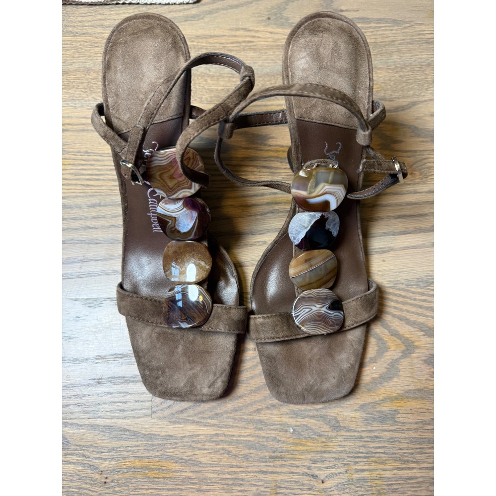 Jeffrey Campbell Brown Suede Agate Stone T-Strap Wedge Sandals Square Toe 7.5